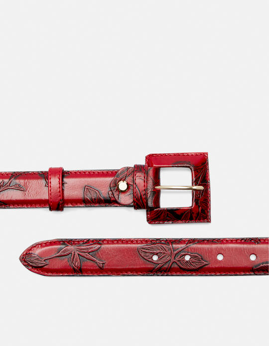 Medium Mimì women's belt in rose embossed printed leather with banded buckle ROSSO Cuoieria Fiorentina