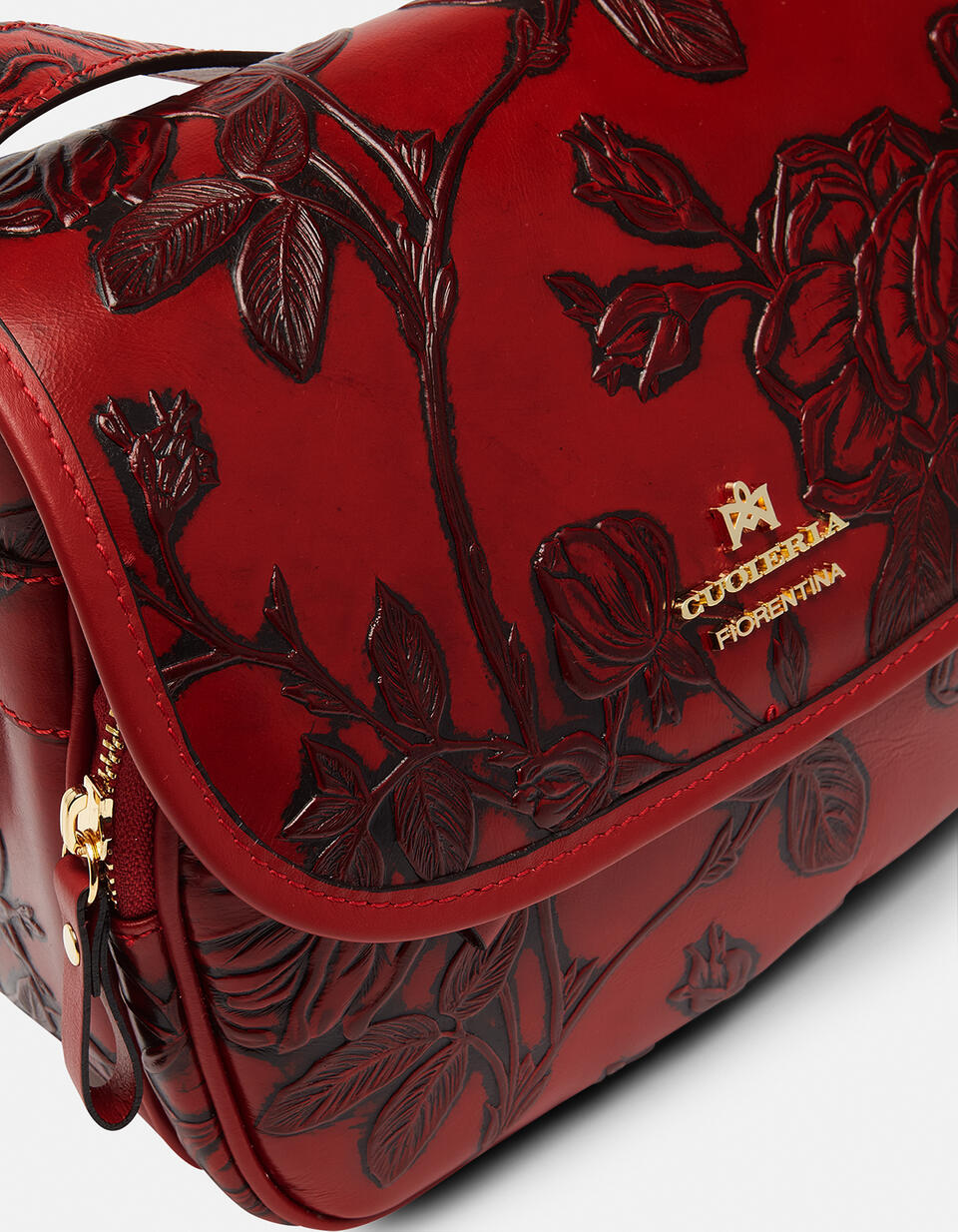 Borsa Mimì messenger in pelle stampata a rose ROSSO  - Messenger - Borse Donna - Borse - Cuoieria Fiorentina