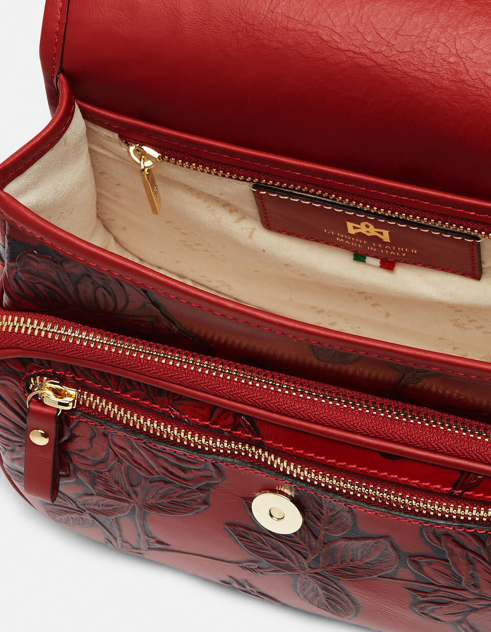 Borsa Mimì messenger in pelle stampata a rose ROSSO  - Messenger - Borse Donna - Borse - Cuoieria Fiorentina