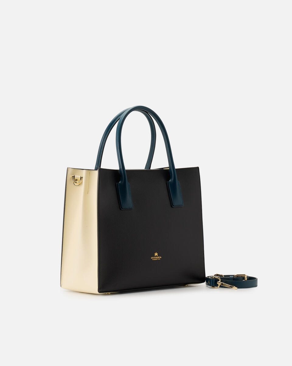 Alice medium tote bag squadrata 3 colori Neroproseccopetrolio  - Cuoieria Fiorentina