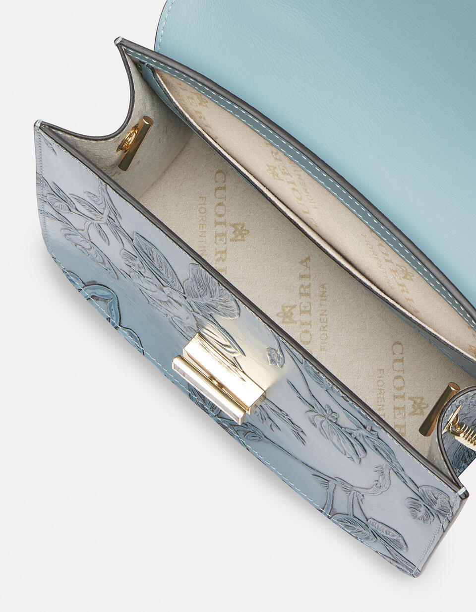 Mimi big crossbodyclutch con tracolla in pelle e metallo Celeste  - Pochette - Borse Donna - Borse - Cuoieria Fiorentina