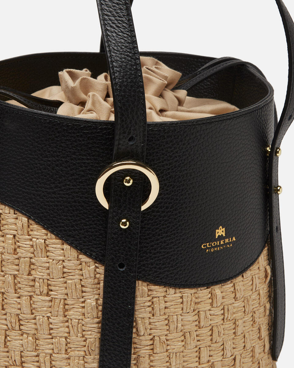 Amber Medium bucket pelle e paglia Nero  - Tote Bag - Borse Donna - Borse - Cuoieria Fiorentina
